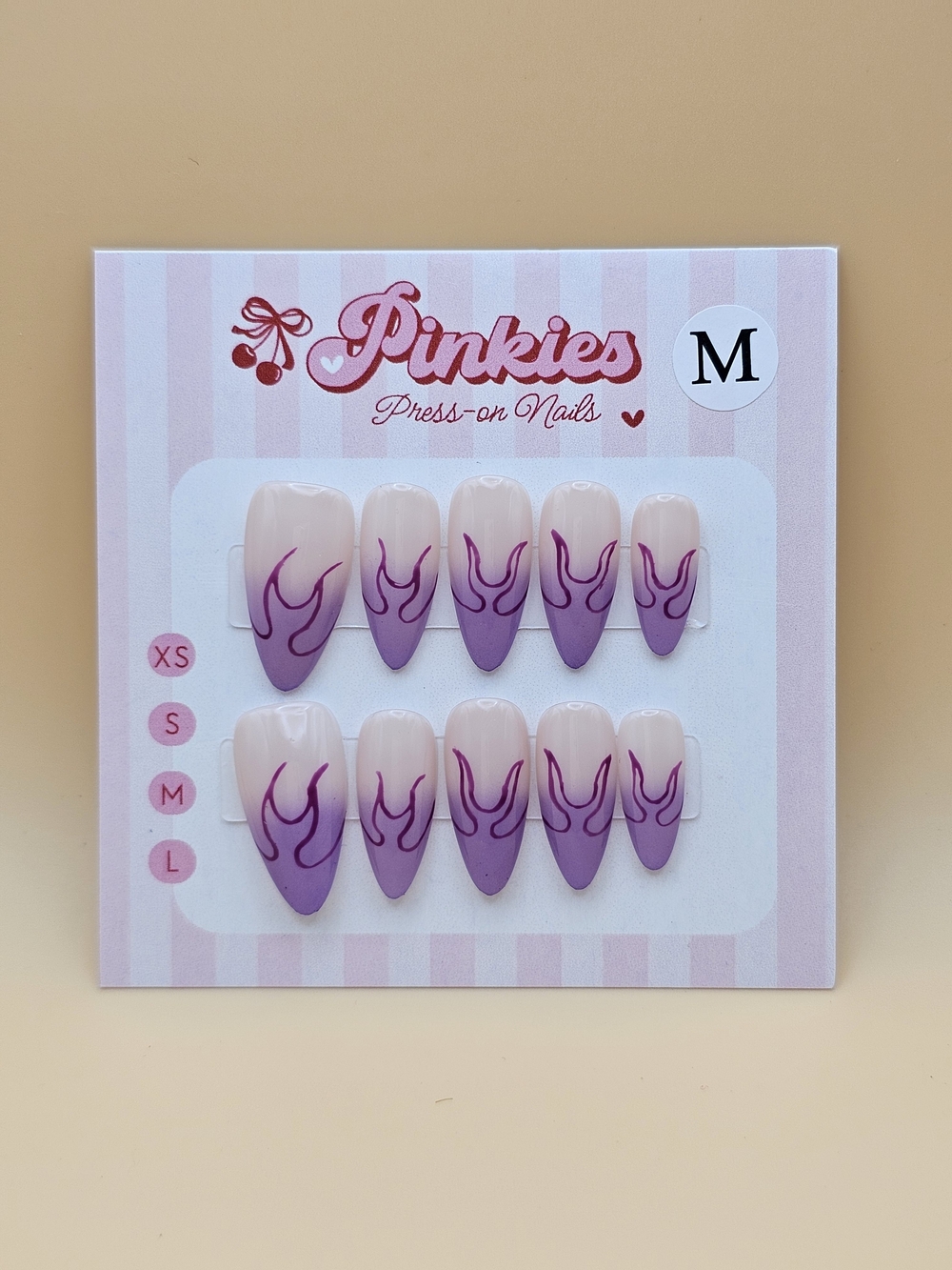 Press-on Nails Set 10pc Size M Almons Purple Fire Flames
